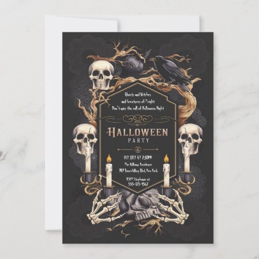 Gotische elegantie schedels Raven Halloween Party Kaart (Voorkant)