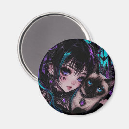 Gotische Emo Anime Meisje & Kat Magneet