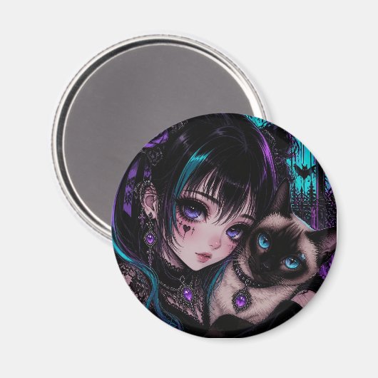Gotische Emo Anime Meisje & Kat Magneet (Voorkant / Achterkant)