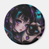Gotische Emo Anime Meisje & Kat Magneet (Voorkant)