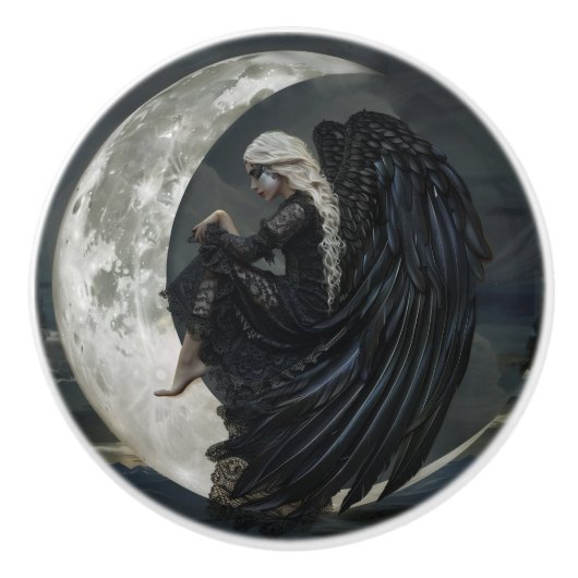 Gotische Engel Zittend op de Maan Keramische Knop (Voorkant)