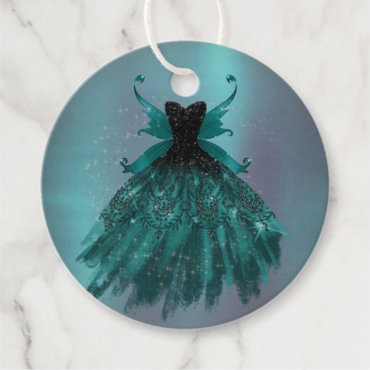 Gotische Fairy Blauwgroen jurk | Deep Midnight Gre Bedankjes Labels (Voorkant)