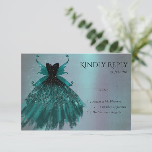 Gotische Fairy Blauwgroen jurk | Deep Midnight Gre RSVP Kaartje (Staand voorkant)