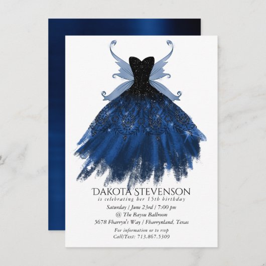 Gotische Fairy Navy Gown | Deep Cobalt Blue Sheen Kaart (Voorkant / Achterkant)