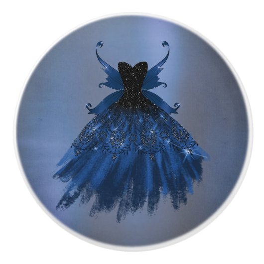 Gotische Fairy Navy Gown | Deep Cobalt Blue Sheen Keramische Knop (Voorkant)