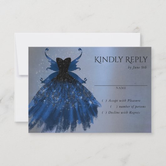 Gotische Fairy Navy Gown | Deep Cobalt Blue Sheen RSVP Kaartje (Voorkant)