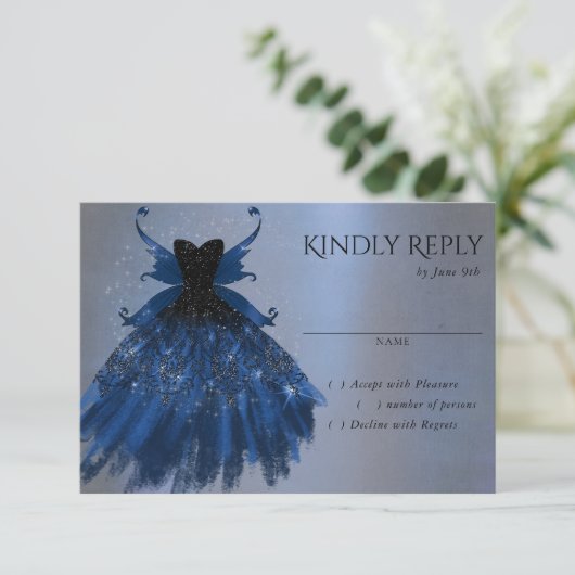 Gotische Fairy Navy Gown | Deep Cobalt Blue Sheen RSVP Kaartje (Staand voorkant)