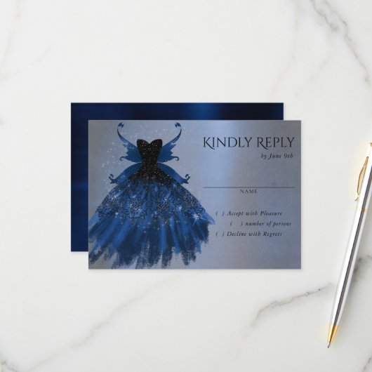 Gotische Fairy Navy Gown | Deep Cobalt Blue Sheen RSVP Kaartje (Voorkant / Achterkant in situ)