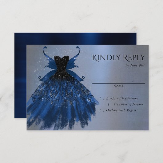 Gotische Fairy Navy Gown | Deep Cobalt Blue Sheen RSVP Kaartje (Voorkant / Achterkant)