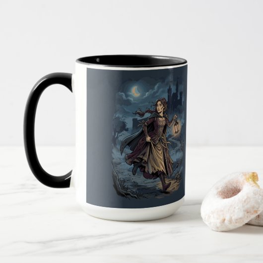 Gotische Fantasy Middeleeuws Meisje Lantaarn Kaste Mok (Met donut)