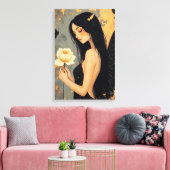 Gotische fee met witte vleugels en roos canvas afdruk (Insitu (Woonkamer))