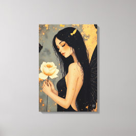Gotische fee met witte vleugels en roos canvas afdruk