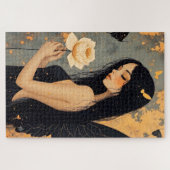 Gotische fee met witte vleugels en roos legpuzzel (Horizontaal)
