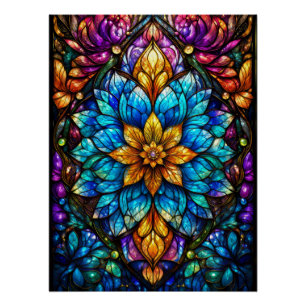 Gotische gebrandschilderde bloem mandala - Blauw e Perfect Poster