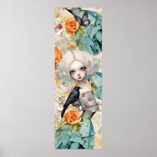 Gotische geïnspireerde blauwe jurk perzik bloemen  poster