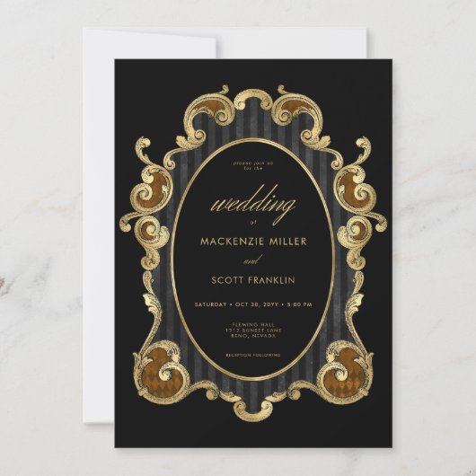 Gotische Gestreepte Damask Zwart Goud Lijst Tweezi Kaart (Voorkant)