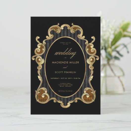 Gotische Gestreepte Damask Zwart Goud Lijst Tweezi Kaart (Staand voorkant)