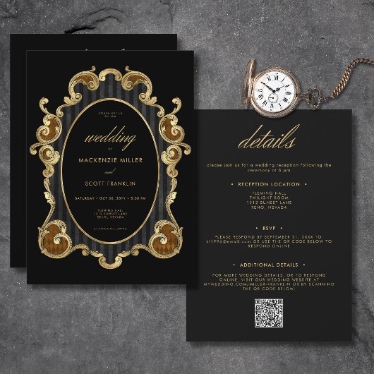 Gotische Gestreepte Damask Zwart Goud Lijst Tweezi Kaart