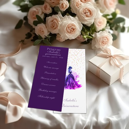 Gotische Glam Quince paarse programma Quinceañera Programmakaart