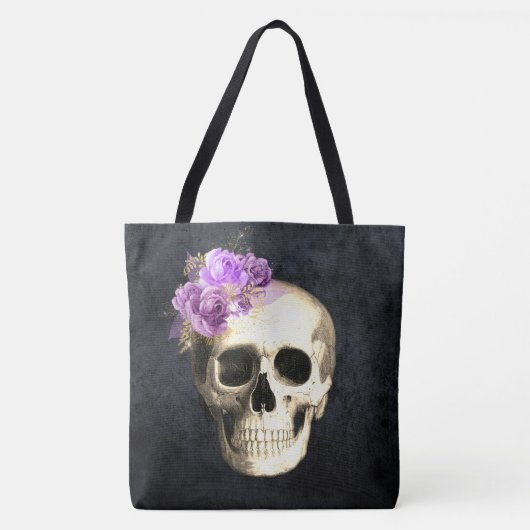 Gotische Glam Schedel Paarse Rozen Halloween Tote Bag (Voorkant)