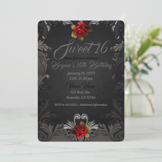Gotische Glamour Red Rose Black Sierlijke Sweet 16 Kaart (Staand voorkant)