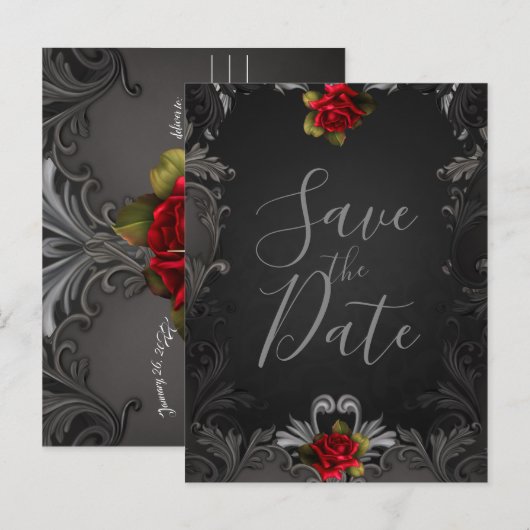 Gotische Glamour Red Rose Sierlijke Save the Date Aankondigingskaart (Voorkant / Achterkant)