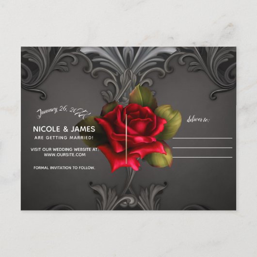 Gotische Glamour Red Rose Sierlijke Save the Date Aankondigingskaart (Achterkant)