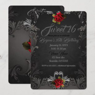 Gotische Glamour Rode Roos Zwarte Sier Sweet 16 Kaart