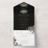 Gotische gouden en zwarte bloemige monogram bruilo all in one uitnodiging (Binnen)