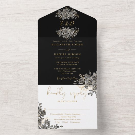 Gotische gouden en zwarte bloemige monogram bruilo all in one uitnodiging (Binnen)