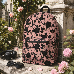 Gotische grafrozen roze & zwart bloemmotief bedrukte rugzak
