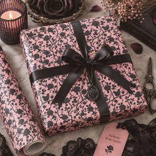 Gotische grafrozen roze & zwart cadeaupapier