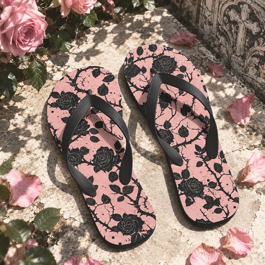 Gotische grafrozen roze & zwart teenslippers