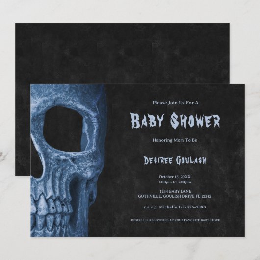 Gotische halfschedel zwarte baby boy shower uitnod kaart (Voorkant / Achterkant)