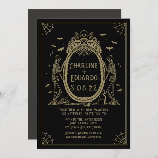 Gotische HalloWedding Goud Skelet Bruiloft Kaart (Voorkant / Achterkant)