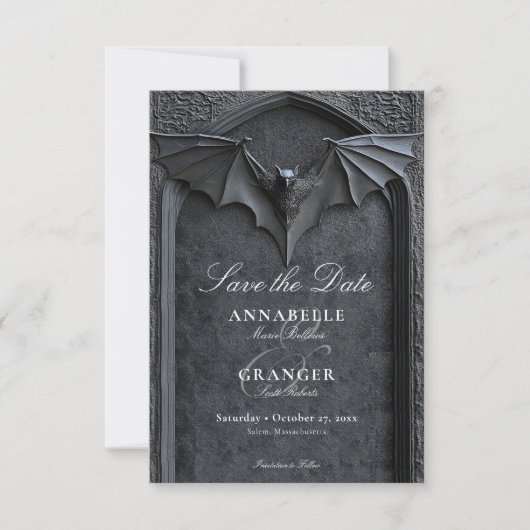 Gotische Halloween Black Bat & Arch Wedding Save The Date (Voorkant)