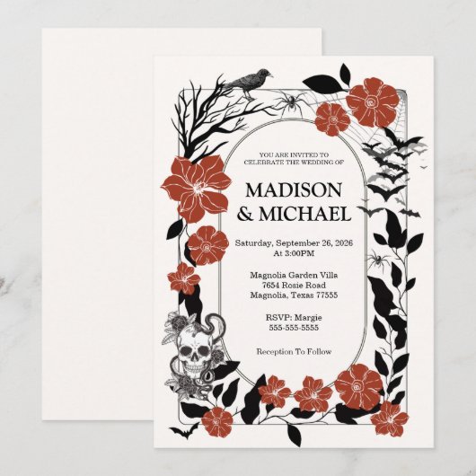 Gotische Halloween Black en Bourgondische bruiloft Kaart (Voorkant / Achterkant)