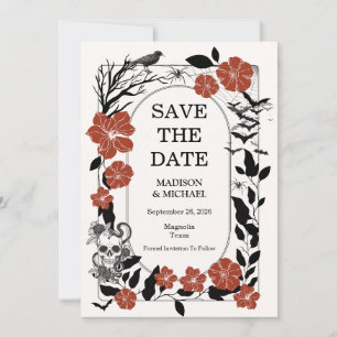 Gotische Halloween Black en Bourgondische bruiloft Save The Date