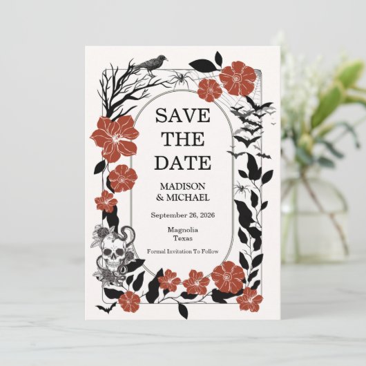 Gotische Halloween Black en Bourgondische bruiloft Save The Date (Staand voorkant)