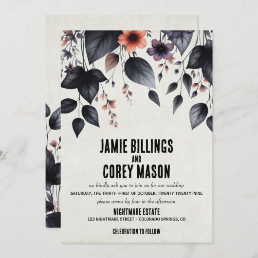 Gotische Halloween Bloemen Huwelijksuitnodiging Kaart (Voorkant / Achterkant)