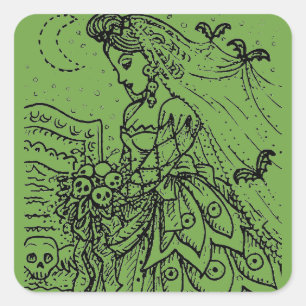 GOTISCHE HALLOWEEN BRUID, VLEERMUIZEN, SLUIER, SCH VIERKANTE STICKER
