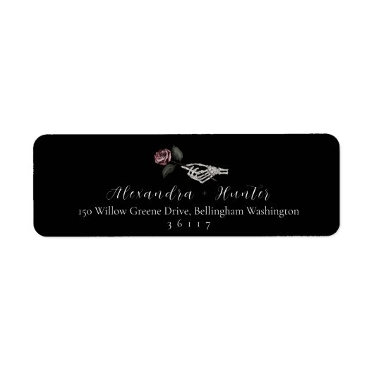 Gotische Halloween Bruiloft Skelet Hand Roos Zwart Etiket (Voorkant)