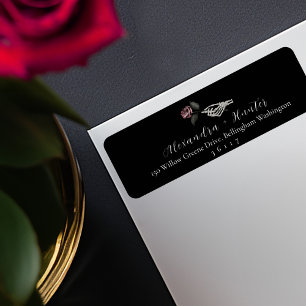 Gotische Halloween Bruiloft Skelet Hand Roos Zwart Etiket