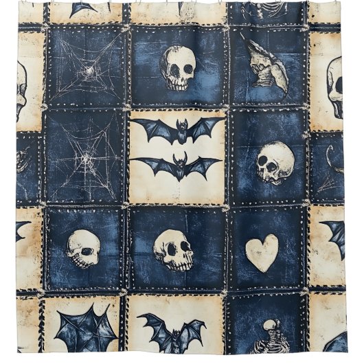 Gotische Halloween Denim Patchwork Patroon Douchegordijn (Voorkant)
