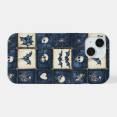 Gotische Halloween Denim Patchwork Patroon iPhone 15 Case (Achterkant horizontaal)
