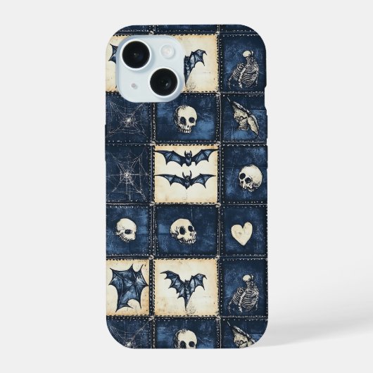 Gotische Halloween Denim Patchwork Patroon iPhone 15 Case (Achterkant)