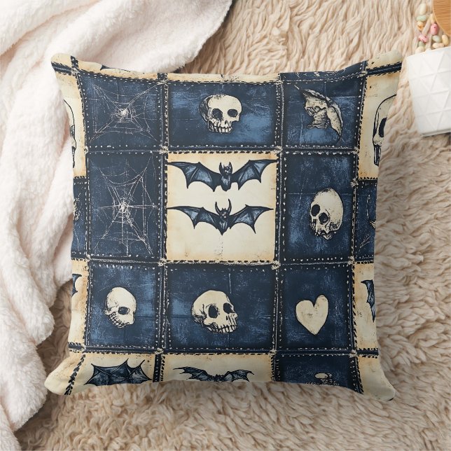 Gotische Halloween denim patchwork patroon Kussen (Deken)