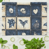 Gotische Halloween Denim Patchwork Patroon Theedoek (Gevouwen)