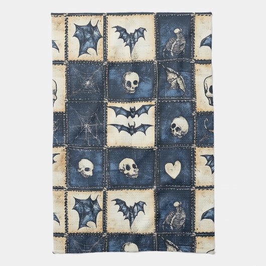 Gotische Halloween Denim Patchwork Patroon Theedoek (Verticaal)