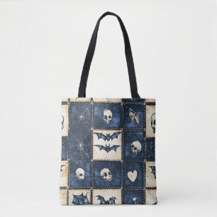 Gotische Halloween Denim Patchwork Patroon Tote Bag